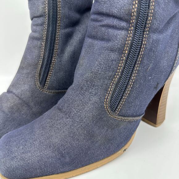 Denim Blue Square Toe Chunky Zipper Booties Womens 6 Y2K Retro - Picture 11 of 15